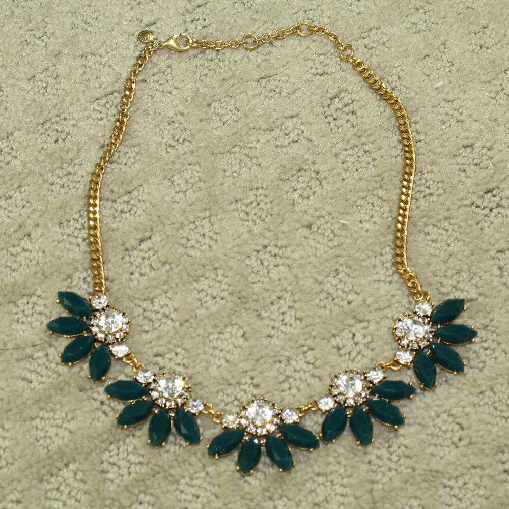 J Crew Necklace Navy Blue Rhinestone Gold Tone Statement Party Wedding Hoco